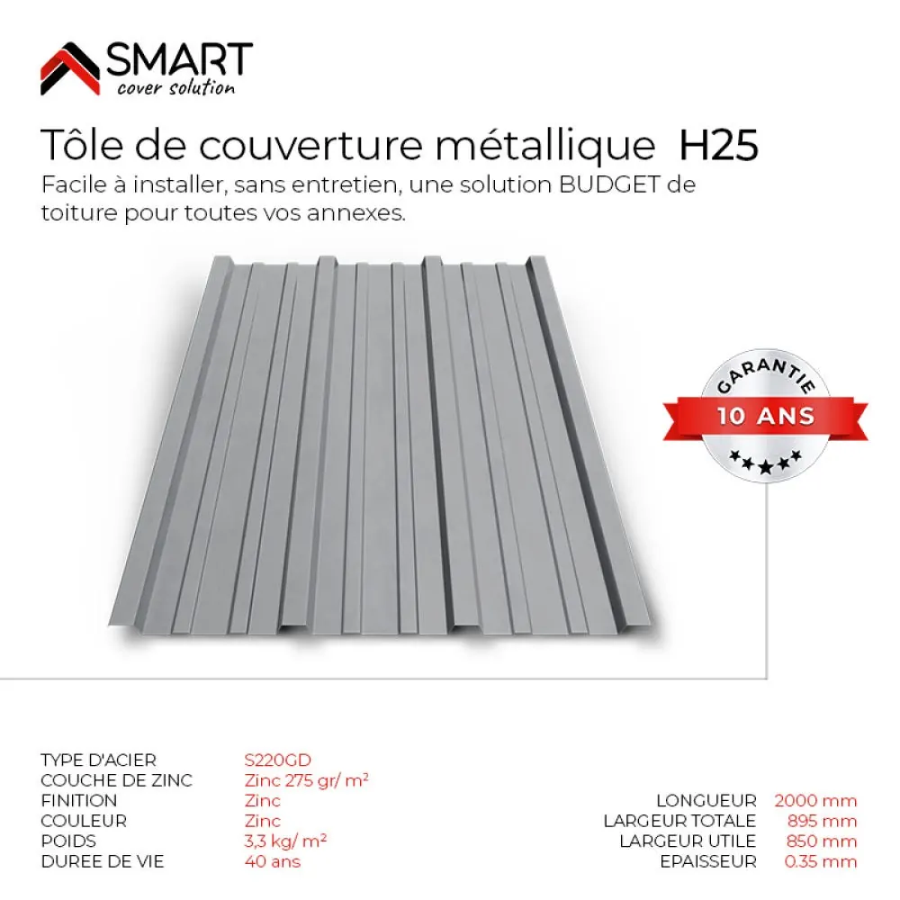 Tôle bac alu-zinc 0,35 mm (3 m)